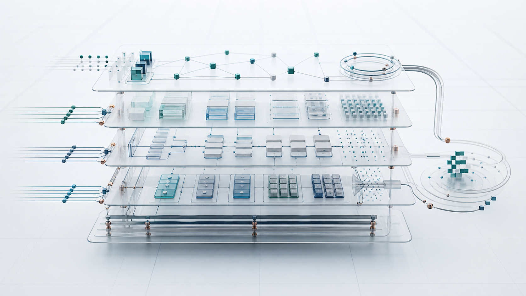A light technical illustration of a layered transparent systems stack with routing nodes, ledgers, and controlled feedback loops.